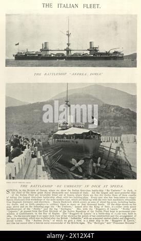 Photo vintage de navires de guerre de la marine italienne, cuirassés, Anfrea Doria et Re Umberto, histoire militaire de la marine, 19ème siècle 1890s Banque D'Images