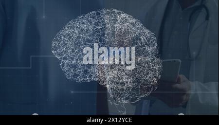 Image de cerveau fait de connexions sur les mains de médecins utilisant des comprimés Banque D'Images