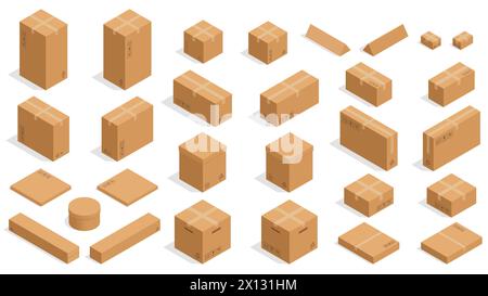 Boîtes en carton isométriques. Conteneurs en carton d'emballage carrés et rectangulaires Vector pour la livraison, l'expédition et le stockage. Formes simples plates Illustration de Vecteur