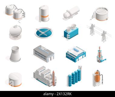 Usines isométriques. Bâtiments industriels avec production et entrepôt, zone industrielle avec raffinerie de pétrole et mill. Ensemble de vecteurs Illustration de Vecteur