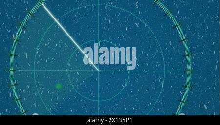 Image de l'oscilloscope scannant au-dessus de neige tombant sur fond bleu Banque D'Images