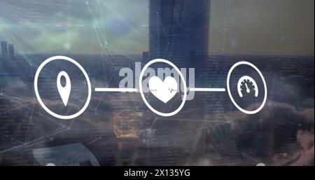 Image d'un réseau d'icônes numériques au-dessus des nuages dans le ciel contre la vue aérienne du paysage urbain Banque D'Images