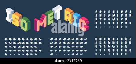 Police isométrique. Alphabet 3D futuriste avec des formes géométriques colorées, des lettres cubiques modernes pour la conception d'affiches alphabétiques. Jeu de polices vectorielles colorées Illustration de Vecteur