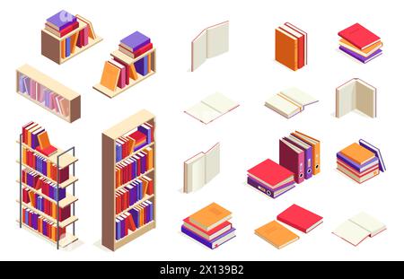 Livres isométriques. Pile de livres ouverte et fermée, manuel universitaire, encyclopédie, cahier et magazine. Concept d'éducation Vector 3D. Illustration de Vecteur