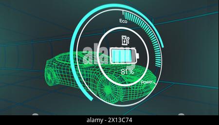 Image de l'interface de compteur de vitesse sur le modèle de voiture 3d dans un tunnel sans couture sur fond bleu Banque D'Images