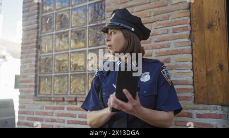 Vue latérale d'une femme concentrée officier de police prenant des notes sur un bloc-notes à l'extérieur contre un mur de briques. Banque D'Images