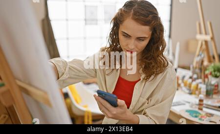 Portrait captivant, jeune femme artiste dessinant sur smartphone, englouti dans la créativité au studio d'art. Banque D'Images