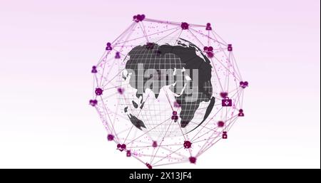 Image de toile de connexions avec des icônes flottant sur le globe tournant sur un fond blanc Banque D'Images