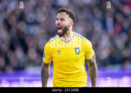 14 avril 2024, Aarhus, Danemark. Sean Klaiber de Brøndby réagit après avoir marqué à 2-1 lors du match de Superliga entre AGF et Brøndby IF au Ceres Park à Aarhus dimanche 14 avril 2024. (Photo : Bo Amstrup/Ritzau Scanpix) crédit : Ritzau/Alamy Live News Banque D'Images