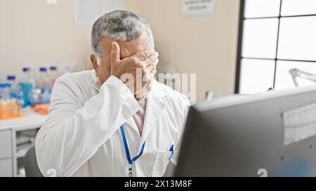 Un homme âgé stressé en blouse de laboratoire couvre son visage avec sa main dans un laboratoire intérieur. Banque D'Images
