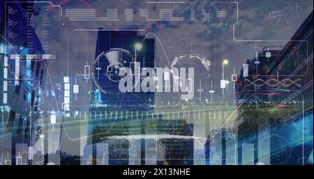 Image du traitement des données numériques sur un paysage urbain nocturne Banque D'Images