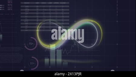Image de la forme infinie néon sur le traitement des données statistiques sur fond noir Banque D'Images