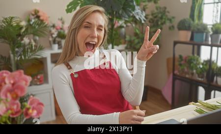 Jeune femme joyeuse donnant un signe de paix dans un magasin de fleurs luxuriant avec des plantes en arrière-plan. Banque D'Images