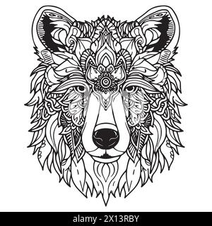 Page de coloriage Mandala pour adultes. Bear Head Zen Spiritual Relax Coloriing Book Template. Illustration de Vecteur