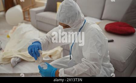 Un homme en tenue médico-légale examine les preuves dans un salon en désordre, suggérant une enquête sur les lieux du crime. Banque D'Images