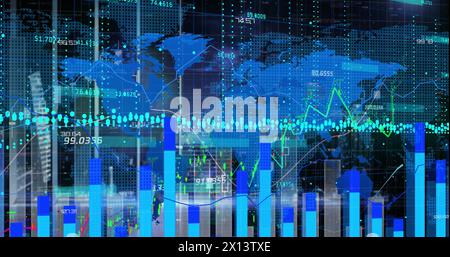 L'image présente une carte bleue du monde avec divers points de données, un graphique et des statistiques sur un fond coloré. L'image est un ima généré numériquement Banque D'Images
