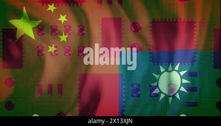 Image de la carte de circuit imprimé et du traitement des données sur le drapeau de taiwan et de la chine Banque D'Images