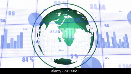 Image d'un globe tournant en cercle avec des nombres et des graphiques changeants sur fond blanc Banque D'Images