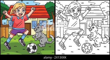 Fille et chat jouant au football illustration de coloration Illustration de Vecteur