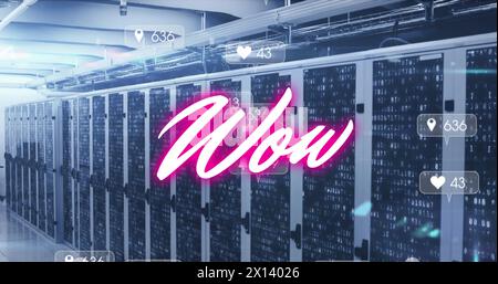 Image de texte rose wow, avec des notifications de médias sociaux sur la salle du serveur informatique Banque D'Images