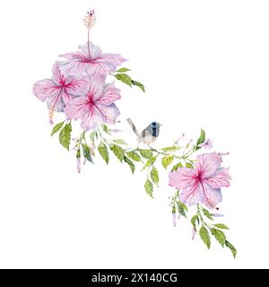 Fleurs d'hibiscus roses avec des feuilles vertes et une petite composition d'oiseau de fée bleu. Illustration aquarelle isolée sur fond blanc. Banque D'Images