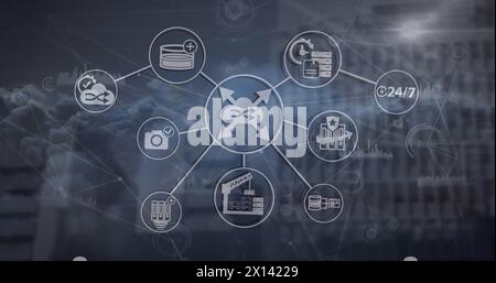 Image d'un réseau d'icônes numériques et d'un réseau de connexions sur des nuages contre des bâtiments de grande hauteur Banque D'Images