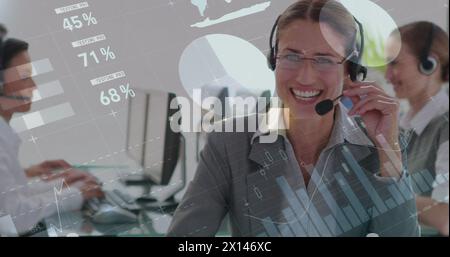 Image de l'interface infographique au-dessus d'une femme caucasienne souriante parlant portant des écouteurs au bureau Banque D'Images