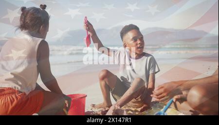 Image du drapeau des états-unis au-dessus de la famille afro-américaine heureuse Banque D'Images