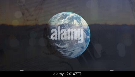 Image du traitement des données au-dessus des pylônes et du globe. Image générée numériquement par le concept d'interface numérique et d'entreprise mondiale. Banque D'Images