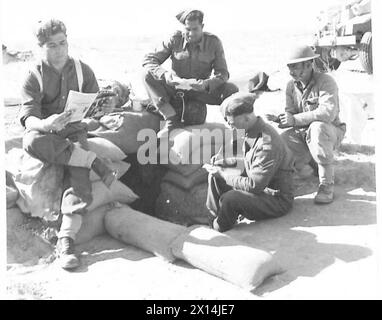 COMPAGNIE CHYPRIOTE AU TRAVAIL DANS LE DÉSERT occidental - hommes de la compagnie lisant des livres et des magazines qui leur ont été envoyés de leurs maisons British Army Banque D'Images