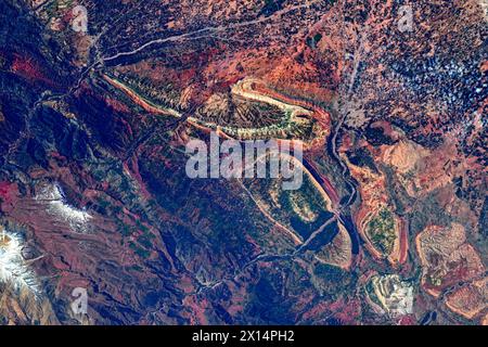 Caractéristiques du terrain au Maroc. Amélioration numérique d'une image par la NASA Banque D'Images