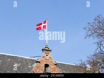 Drapeau danois sur le toit d'un bâtiment contre un ciel bleu. Banque D'Images