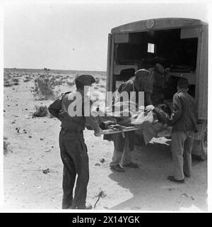 DERNIÈRES PHOTOS DU DÉSERT occidental - enlever les blessés britanniques après une bataille toute la nuit, l'armée britannique Banque D'Images