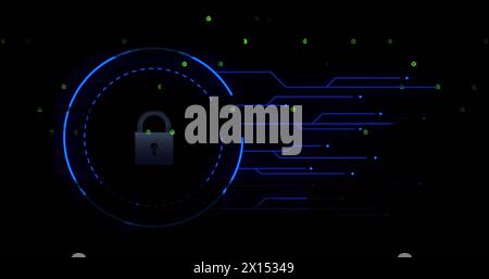 Image de codes binaires tombants, cadenas dans des cercles de chargement sur fond noir Banque D'Images