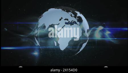 Image du globe au-dessus des traînées de lumière sur fond noir Banque D'Images