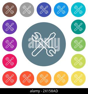 Les outils délimitent des icônes blanches plates sur des arrière-plans de couleur ronde. 17 variations de couleur d'arrière-plan sont incluses. Illustration de Vecteur
