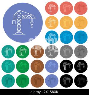 Icônes plates multicolores de contour de grue de construction sur des arrière-plans ronds. Inclus des variations d'icônes blanches, claires et sombres pour le survol et l'état actif e. Illustration de Vecteur