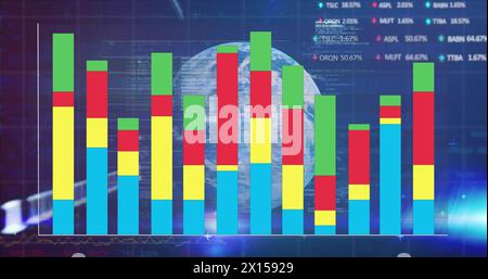 Image des statistiques et du traitement des données financières avec globe sur grille Banque D'Images