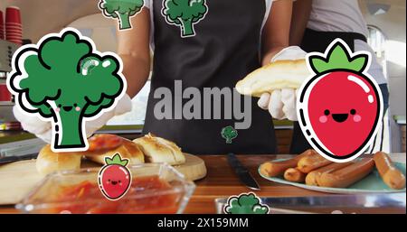 Image des icônes de légumes et de fruits sur divers chefs cuisinant Banque D'Images