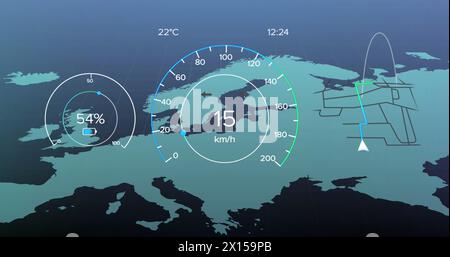 Image de l'indicateur de vitesse et du niveau de batterie sur la carte de l'europe Banque D'Images