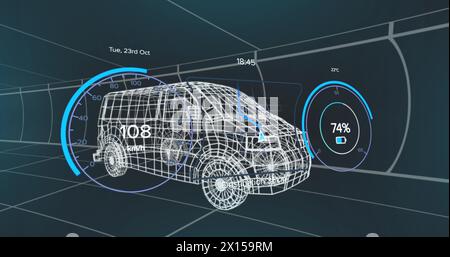 Image du compteur de vitesse sur le projet de fourgonnette électrique sur fond de marine. voiture électrique, énergie verte, énergie écologique, durabilité et concept technologique digita Banque D'Images