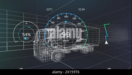 Image de compteur de vitesse sur le projet de camion électrique sur fond de marine. voiture électrique, énergie verte, énergie écologique, durabilité et concept technologique digi Banque D'Images