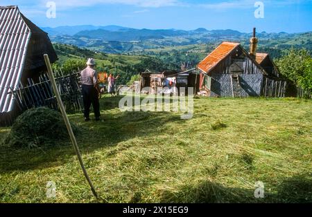 Résidents d'un village près de leur maison dans les Ardennes, Roumanie Banque D'Images