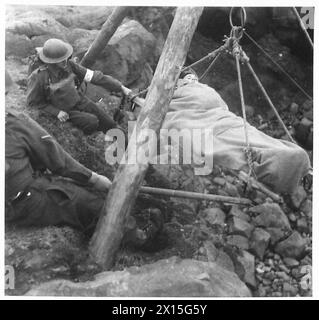 NOUVELLE MÉTHODE DE SAUVETAGE DES VICTIMES DE FALAISE - le patient étant soulagé sur la falaise avant d'abaisser l'armée britannique Banque D'Images