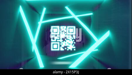 Image d'un néon lumineux et d'un code qr scintillant sur des serveurs informatiques Banque D'Images