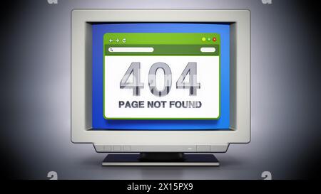 Code d'erreur de connexion introuvable sur la page Web du moniteur rétro avec 404 pages. 3D illustration. Banque D'Images