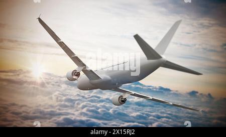 Avion commercial dans le ciel volant au-dessus des nuages. 3D illustration. Banque D'Images