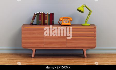 Ligne téléphonique, livres et lampe de bureau sur une table de buffet de style vintage. 3D illustration. Banque D'Images