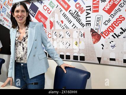 Rome, Italie. 15 avril 2024. Elly Schlein, secrétaire du Parti démocrate (PD, Partito Democratico) assiste à une conférence de presse à l'Association de la presse étrangère à Rome, Italie, le 15 avril 2024. En 2023, elle est élue nouvelle secrétaire du PD (centre-gauche) devenant la première femme à diriger le parti. Photo : Eric Vandeville/ ABACAPRESS.COM crédit : Abaca Press/Alamy Live News Banque D'Images