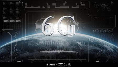 Image du traitement des données et du texte 6g sur le globe. Image générée numériquement par le concept d'interface numérique et d'entreprise mondiale. Banque D'Images